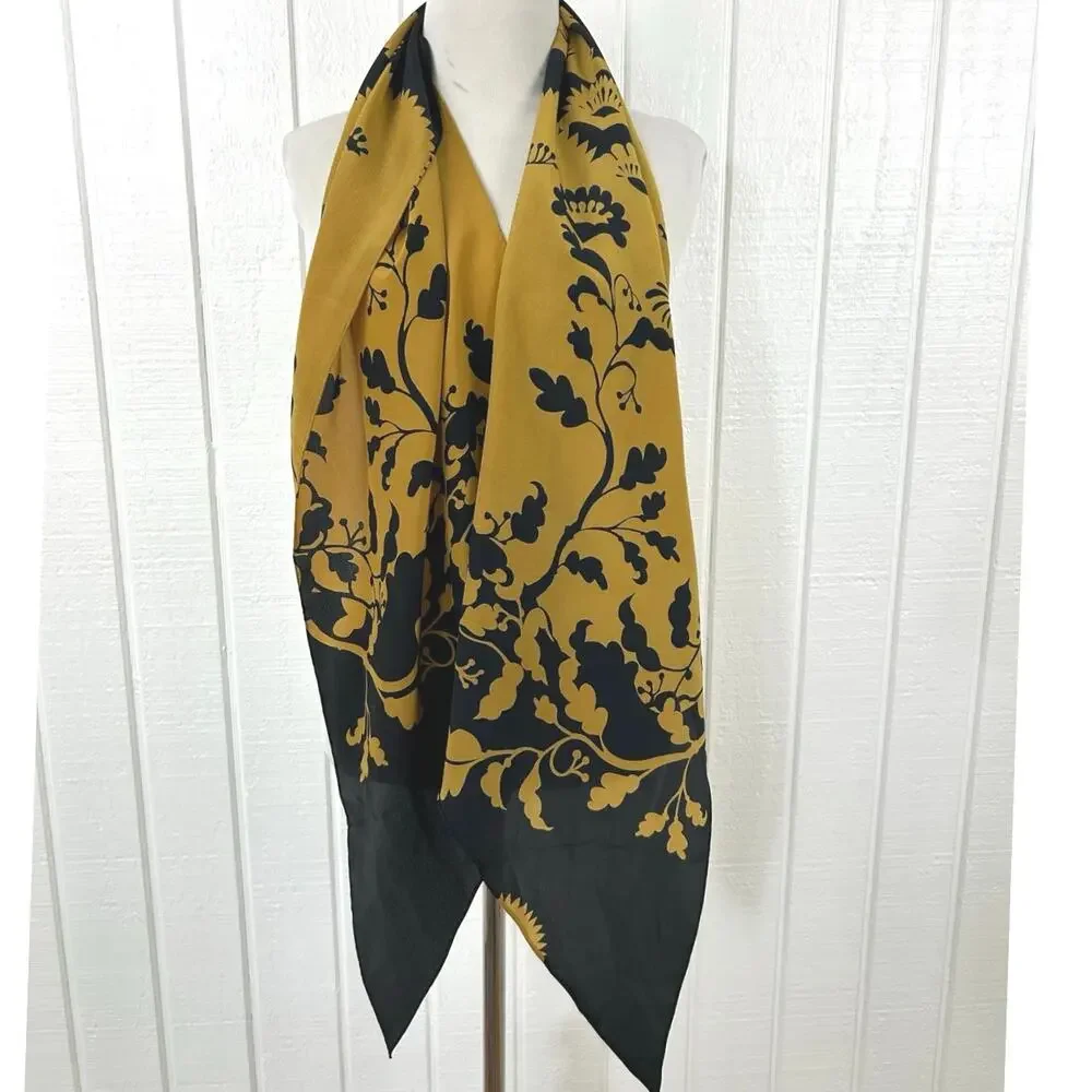 Black Gold Floral Satin Scarf Oblong Wrap Boho Chic Lightweight Statement